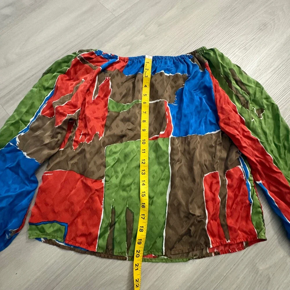 Tory Burch Blouse Women Abstract Geometric Silk Blue Red Green Long Sleeve Top 2